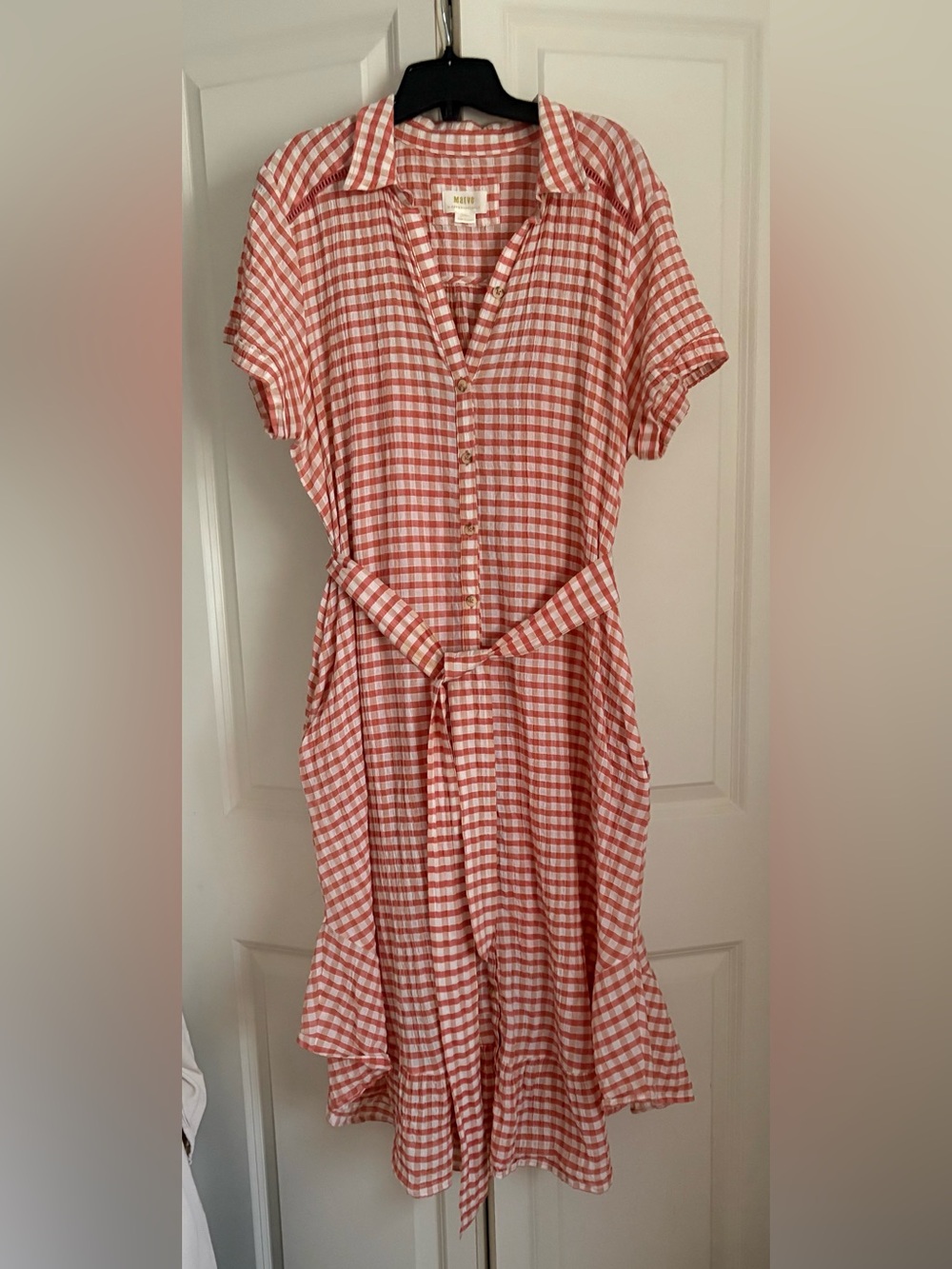 Maeve by Anthropologie Gingham Button-Front Belted Shirt Dress — Coral & White